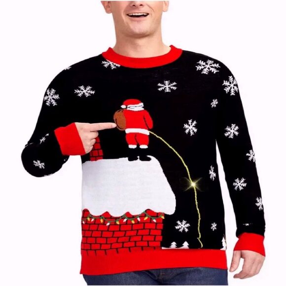 Santa in Relief Leaky Roof LED Light-Up Christmas Humorous Sweater NEW Fast Ship